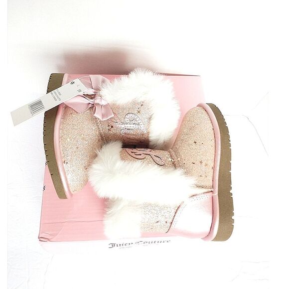 New! JUICY COUTURE Girls Lil Windsor Gold Glitter Faux Fur Boots Booties Size 5T - Picture 6 of 9